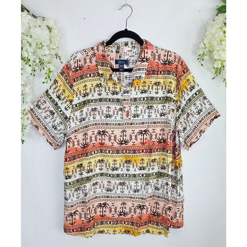 Denim & CO d&co Beach Camp Shirt Mens 2X Tropical Palm Cabana Resort Hawaiian